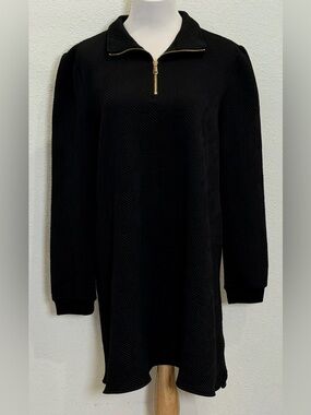 SSYS The Label Textured Long Sleeve Shift Dress Large Black Gold Zip Relaxed Fit